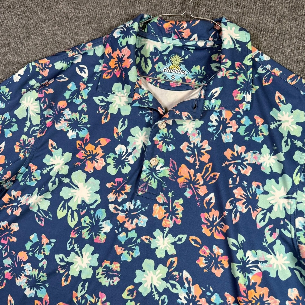 Chubbies Polo Shirt Mens Medium Blue Floral Hibiscus Bamboo Performance Polo